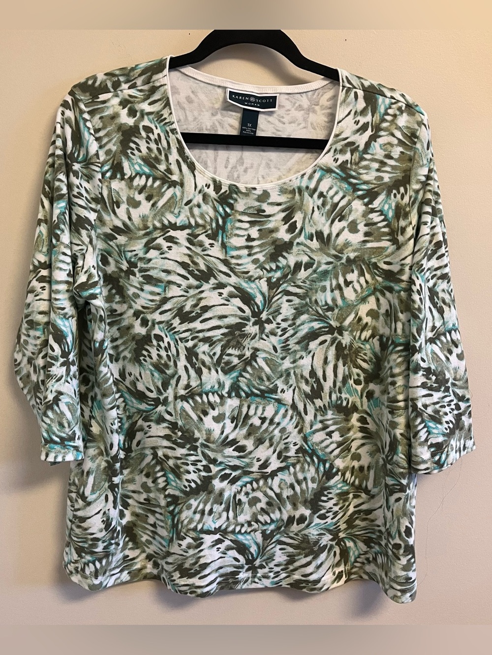 Fairy Cottagecore 1X Shirt Tropical Abstract Print Green White Aqua 3/4 Sleeve